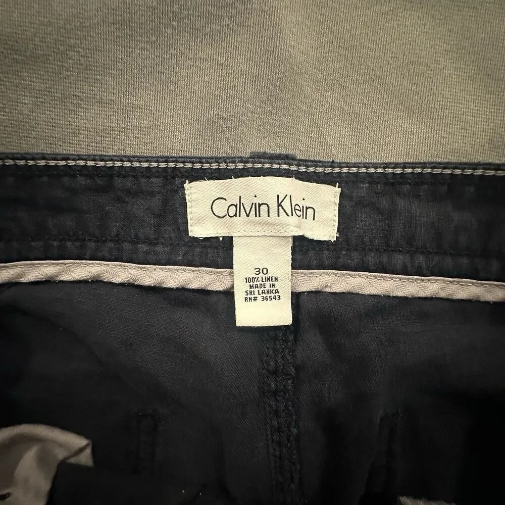 Calvin Klein Shorts Linen Men's 30 Chino Zipper Pocket Navy Blue Flat Front